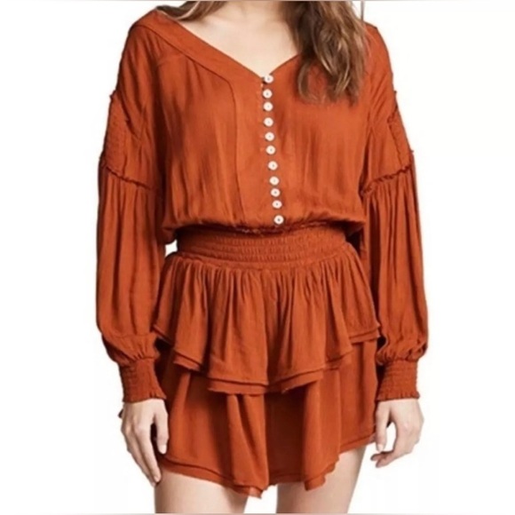 Free People XS Romy Mini Dress ~ Boho Fall Tiered Smocked Orange - Picture 1 of 9